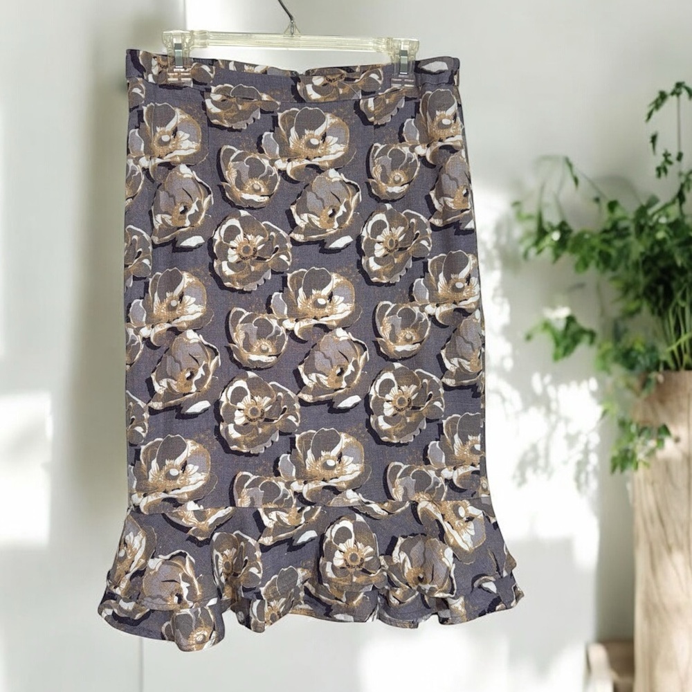 Midnight Velvet Floral Pencil Skirt with Flounce Ruffles - Gray and Brown